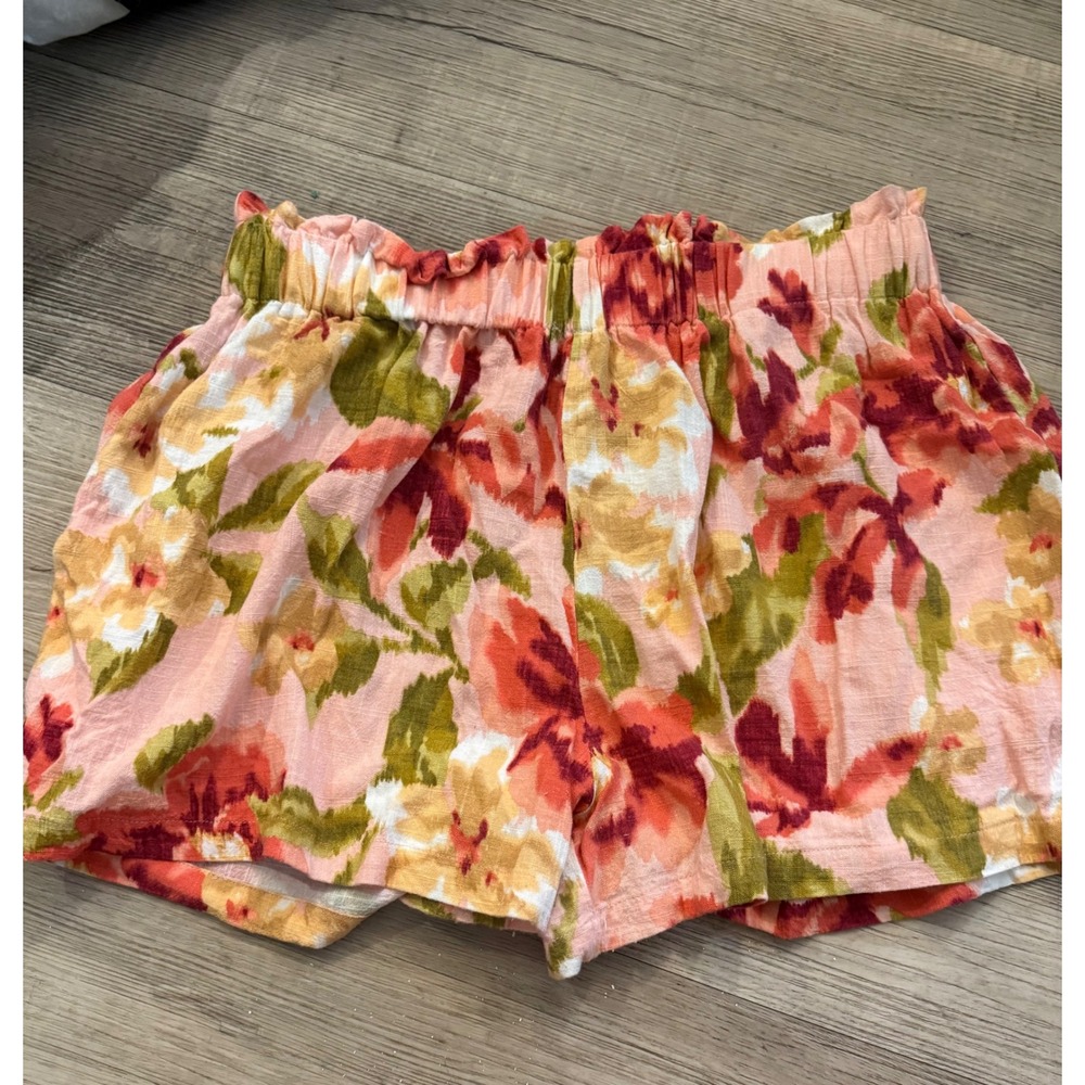 Paper Heart Women's Floral Linen-Blend Shorts Size L Pink High Rise Pull On